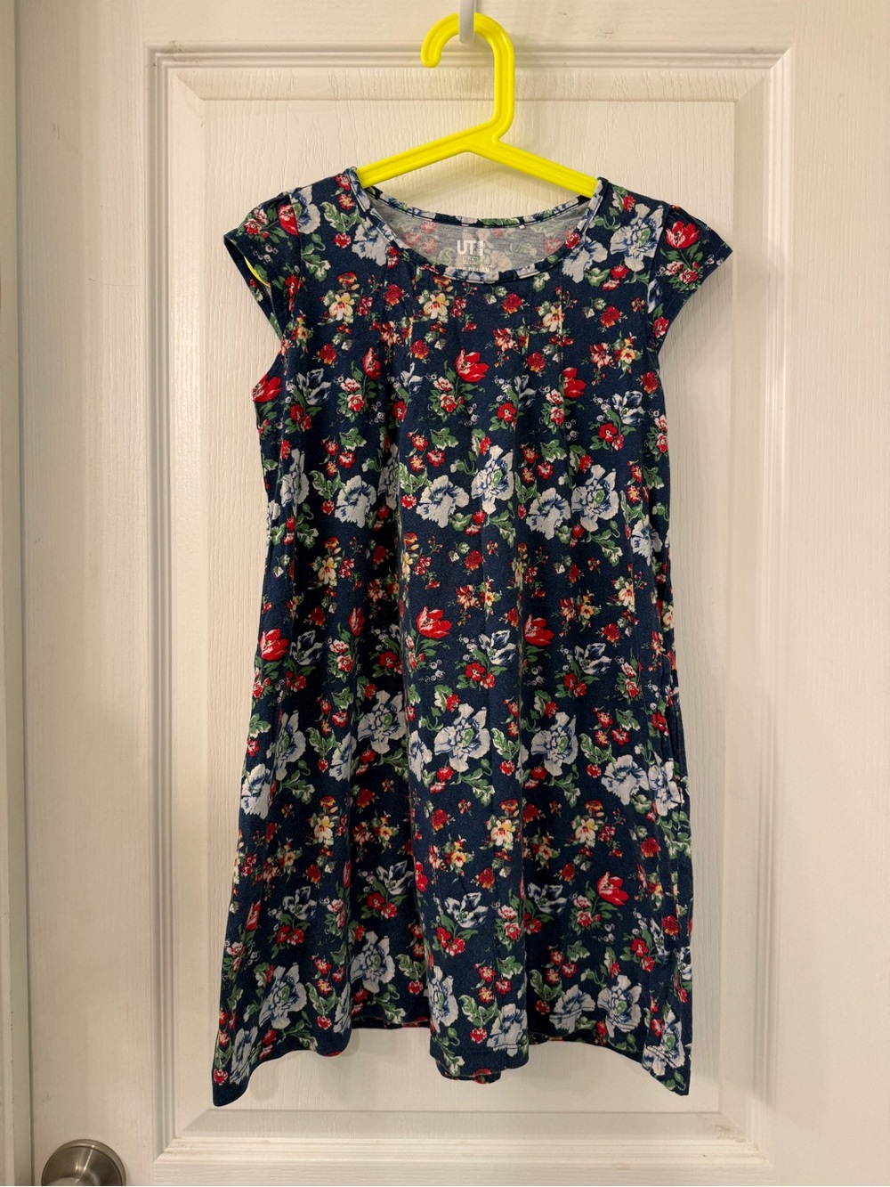 Uniqlo Navy Floral Cotton Blend Dress with Red & White Blooms